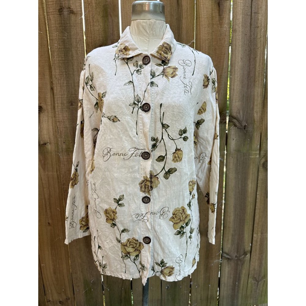 MARC WARE  Heavy LINEN BONNE FETE ROSES BLOUSE TOP L